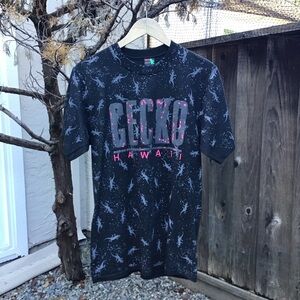 Vintage 90s Gecko Hawaii All Over Print Black Tee Neon Pink Medium Aop Lizard